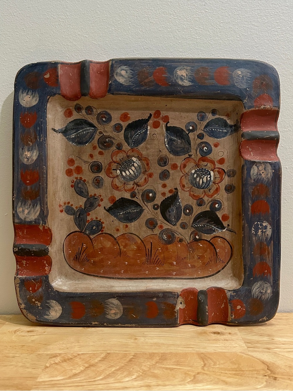 Vtg 10” Mexican Signed Tlaquepaque Pottery Ashtray Square HandPainted Folk Art